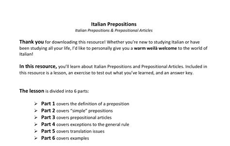 Italian Prepositions & Prepositional Articles Resource + Exercise — Weilà!