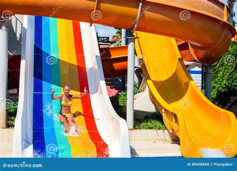 Swimming Pool Slides For Children On Water Slide At Aquapark. Stock ...