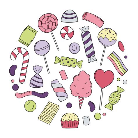 Hand drawn set of sweets and candies doodle. Lollipop, caramel ...