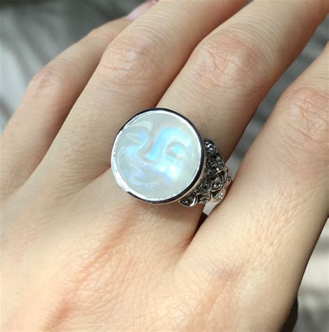 Moon Face Celestial Ring- Carved Moon Rainbow Moonstone Solitaire Ring- Rainbow Moonstone Cosmo ...