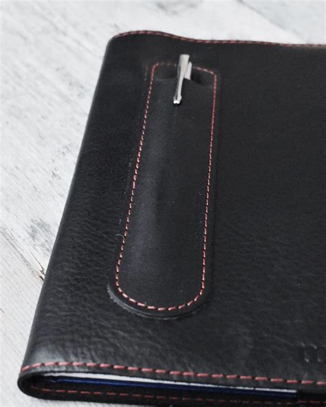 Leather Journal Cover With Pen A5 Black with Red Thread - Mishnóc