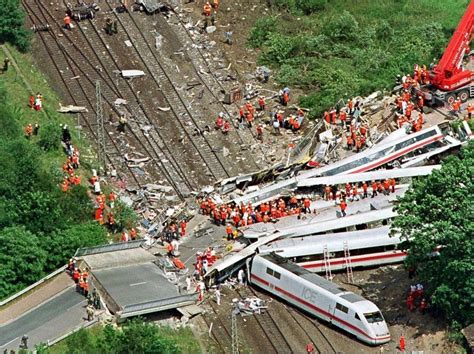 Train accident Eschede, June 3, 1998, The train derailed at 200 km/h (124 mph) and 101 people ...