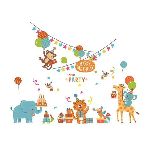 Cartoon Animals Birthday Party Wall Stickers For Kids Boys Girls Room Decor Air Balloon Cake ...