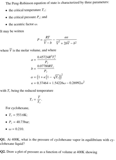 The Peng-Robinson equation of state is characterized | Chegg.com