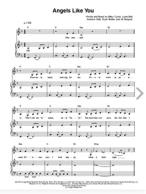 Miley Cyrus "Angels Like You" Sheet Music in F Major (transposable) - Download & Print | Sheet ...