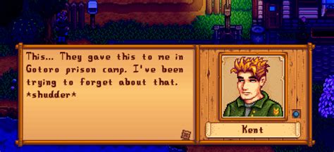 Stopped to say hi to Kent with bait in my hands. Gave him war flashbacks. : r/StardewValley