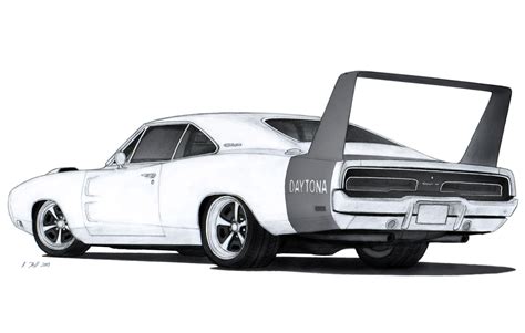 a drawing of a white muscle car with the hood up