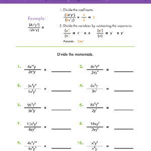 Dividing Monomials - Algebra Worksheets | Education.com