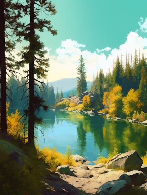 Premium AI Image | A painting of a river with trees and mountains in ...