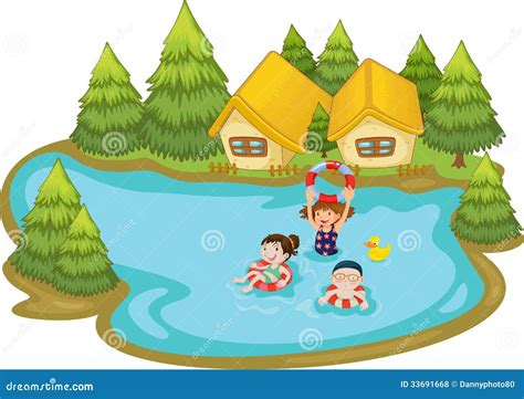 Summer scene by the lake stock illustration. Illustration of pond - 33691668