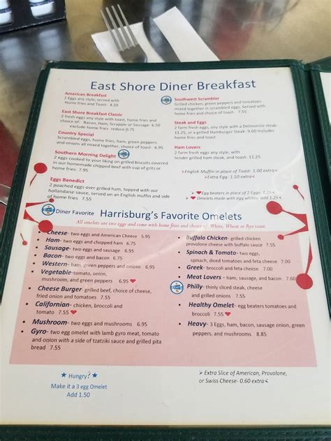 Menu at East Shore Diner restaurant, Harrisburg, Waterford Dr