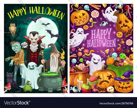 Halloween party cartoon witches and dead monsters Vector Image