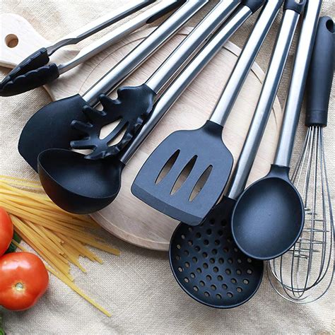 8 Piece Kitchen Utensil Set Stainless Steel and Black Silicone Modern Nonstick Utensils Cooking ...