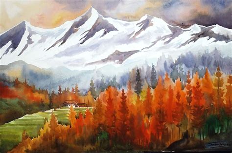 Autumn Forest & Snow Peaks - Watercolor Painting (2016) Watercolour by Samiran Sarkar | Artfinder