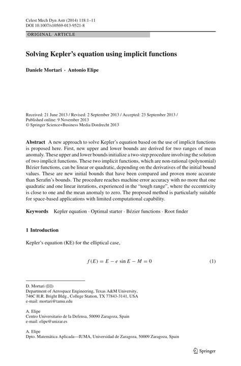 (PDF) Solving Kepler's equation using implicit functions