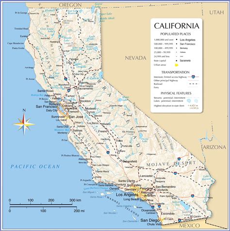 24x24in California detailed map of with boundaries, state capital ...