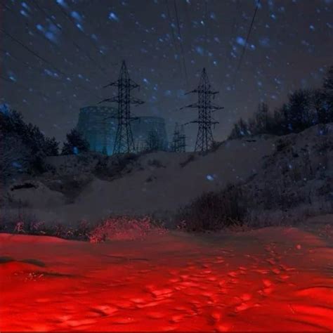 A Snowy Night Scenery with Red Lights