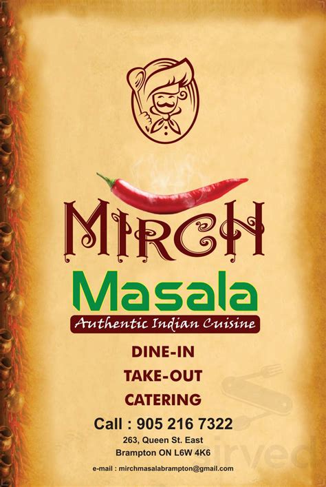 Mirch Masala Authentic Indian Restaurant menu in Brampton, Ontario, Canada