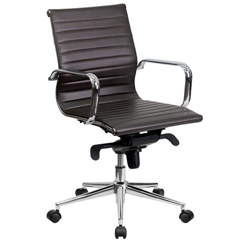 Flash Furniture Mid-Back Brown Ribbed LeatherSoft Swivel Conference Office Chair with Knee-Tilt ...