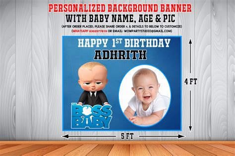 Personalized Boss Baby Birthday Backdrop Banner With Baby Picture (4ft x 5ft)