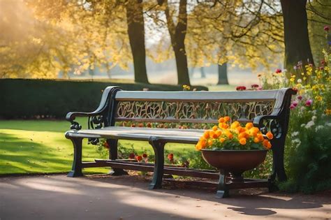 Premium AI Image | A park bench with flowers and a pot of flowers in ...