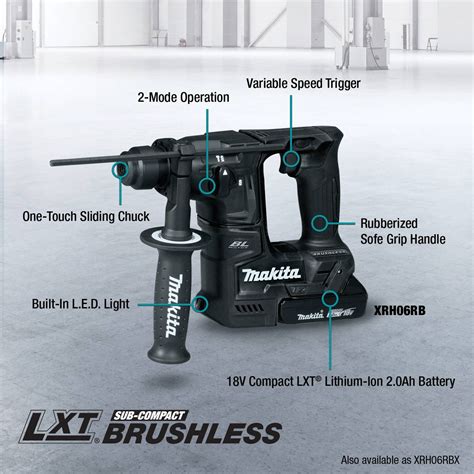 MAKITA Cordless Rotary Hammer Kit: Pistol-Grip, 18V DC, SDS-Plus, 11/16 in max, 2.0 Ah, 0.88 ft ...