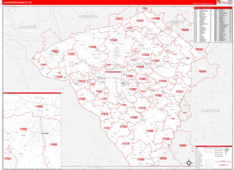 Lancaster County, PA Zip Code Wall Map Red Line Style by MarketMAPS - MapSales