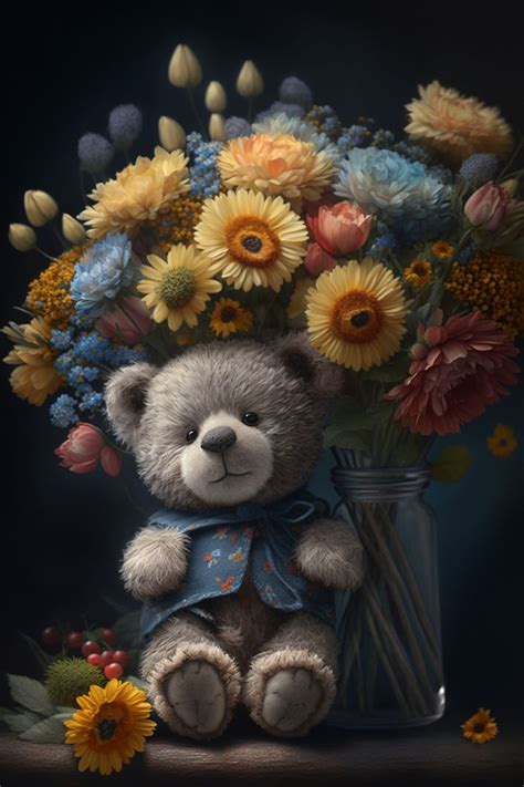 Teddy bear in a bouquet of flowers | Flower art images, Teddy bear ...