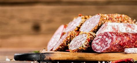 Premium Photo | Different types of salami sausage on a wooden cutting board