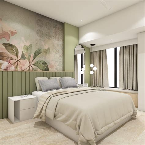 Modern Bedroom Design with Pastel Green Headboard and Floral Wallpaper | Livspace