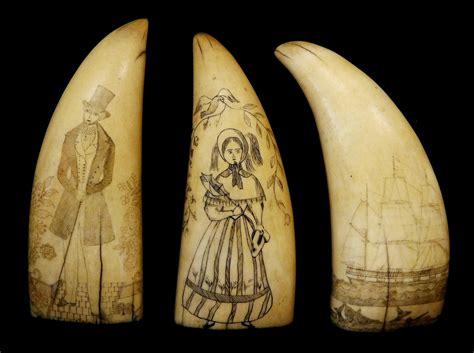 Lot - Three scrimshaw decorated sperm whale teeth, featuring a man, woman, and whaling scene ...