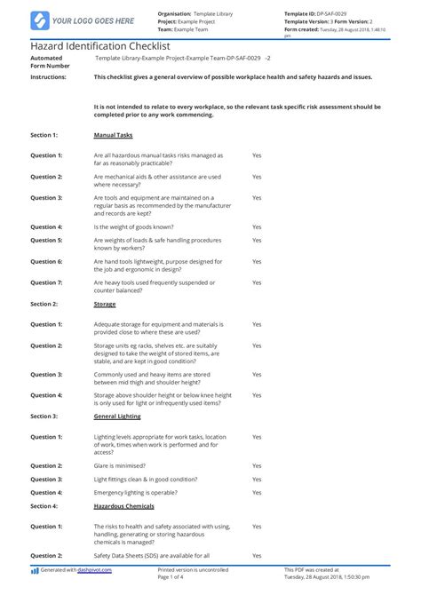 Hazard Identification Checklist Templates - Free To Use And Editable ...