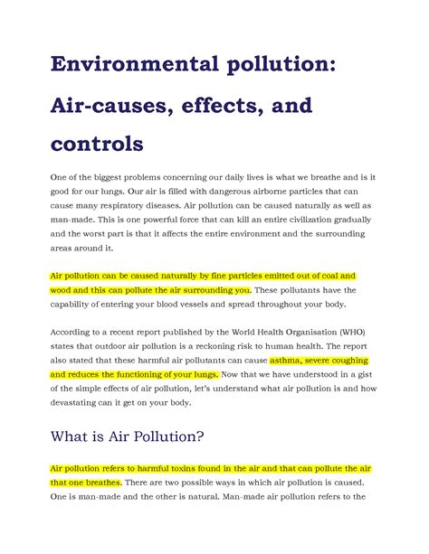 SOLUTION: 1 environmental pollution air causes effects and controls - Studypool