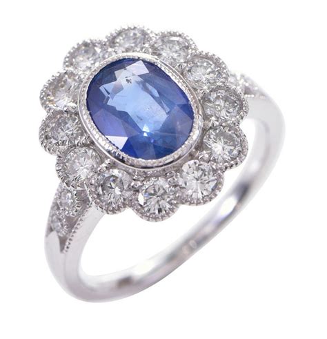 Sapphire and Diamond Cluster Ring, 18ct White Gold, N - Rings - Jewellery