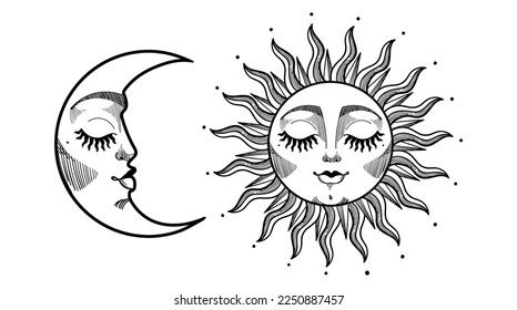 Beautiful Sun Moon Crescent Face Vintage Stock Vector (Royalty Free) 2250887457 | Shutterstock