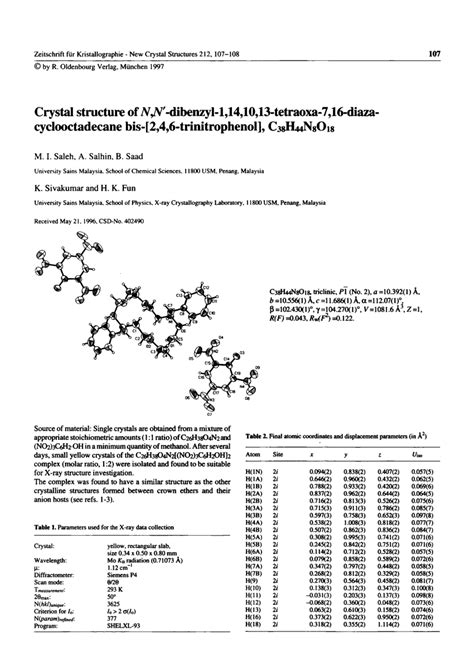 (PDF) Crystal structure of N,N'-dibenzyl-1,14,10,13-tetraoxa-7,16-diaza-cyclooctadecane bis - [2 ...