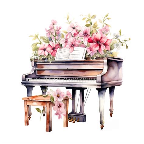 Premium Vector | Piano and flowers watercolor paint