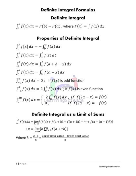 Definite Integral Formulas Solution