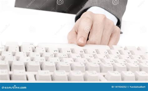 Closeup. Businessman Press A Key On The Computer Keyboard. Stock Photo - Image of connection ...