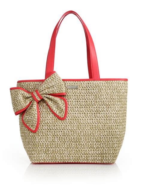 Lyst - Kate spade new york Belle Place Straw & Leather Bow Tote in Red