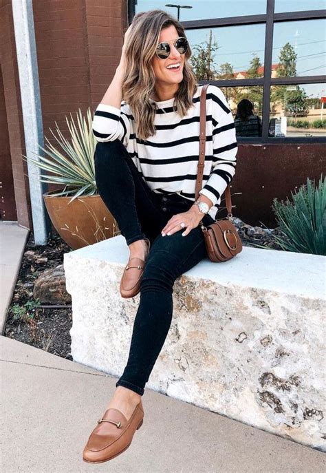 fall casual outfit / striped sweater bag brown loafers black skinnies ...