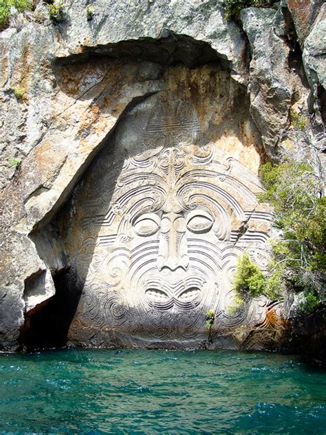 Maori rock carvings at Mine Bay on Lake Taupo, New... - It's a ...