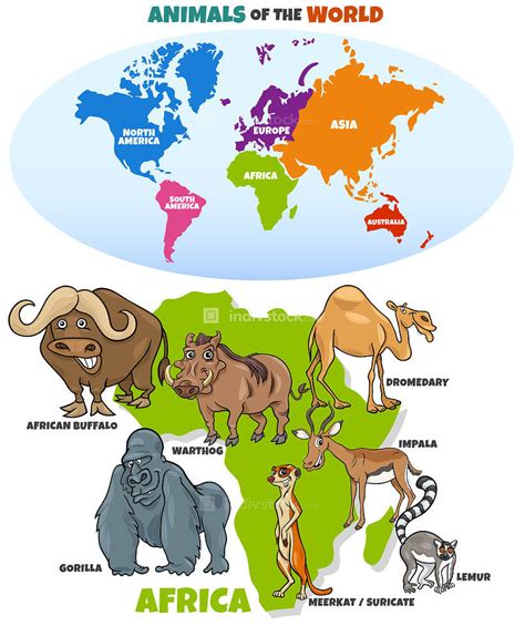 Educational Cartoon Illustration of African Animals and World Map with Continents Shapes ...