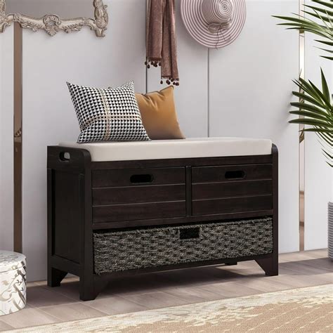 Narrow Storage Bench, Solid Wood Entryway Bench with Removable Basket and 2 Drawers, Classic ...