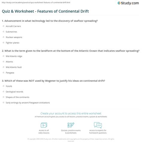 Quiz & Worksheet - Features of Continental Drift | Study.com