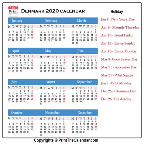 Denmark Calendar 2020 with Denmark Public Holidays