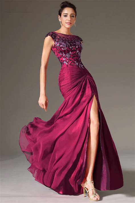 Purple Evening Dresses 2019 Mermaid Cap Sleeves Chiffon Lace Slit Sexy Plus Size Long Evening ...