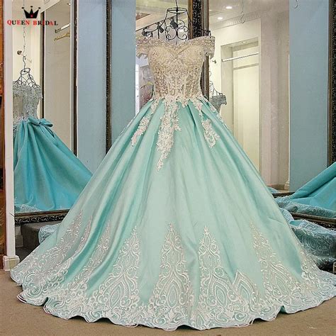 QUEEN BRIDAL Light Blue Evening Dresses Ball Gown Satin Lace Crystal Luxury Formal Long Party ...