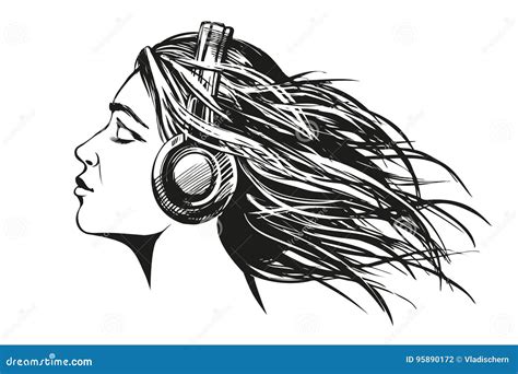 Beautiful Young Girl Listening To Music on Headphones Hand Drawn Vector ...