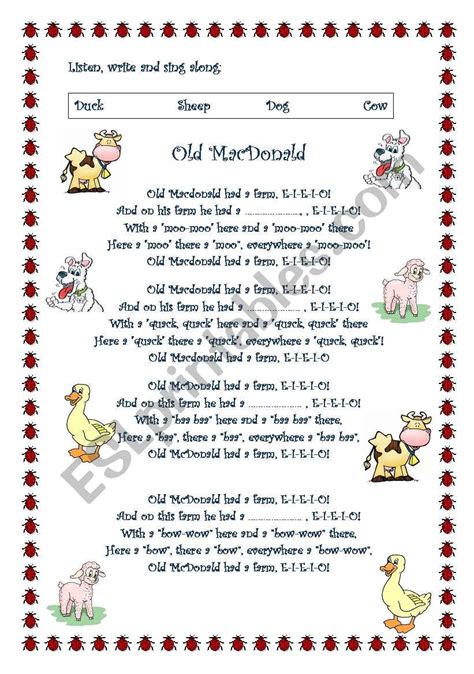 Old MacDonald Had a Farm - ESL worksheet by serennablack